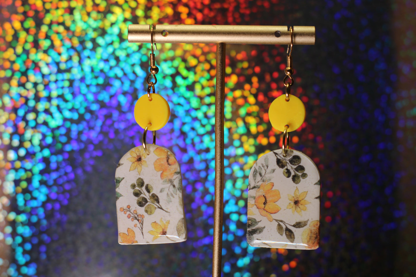 Yellow Floral Print Dangle Earrings