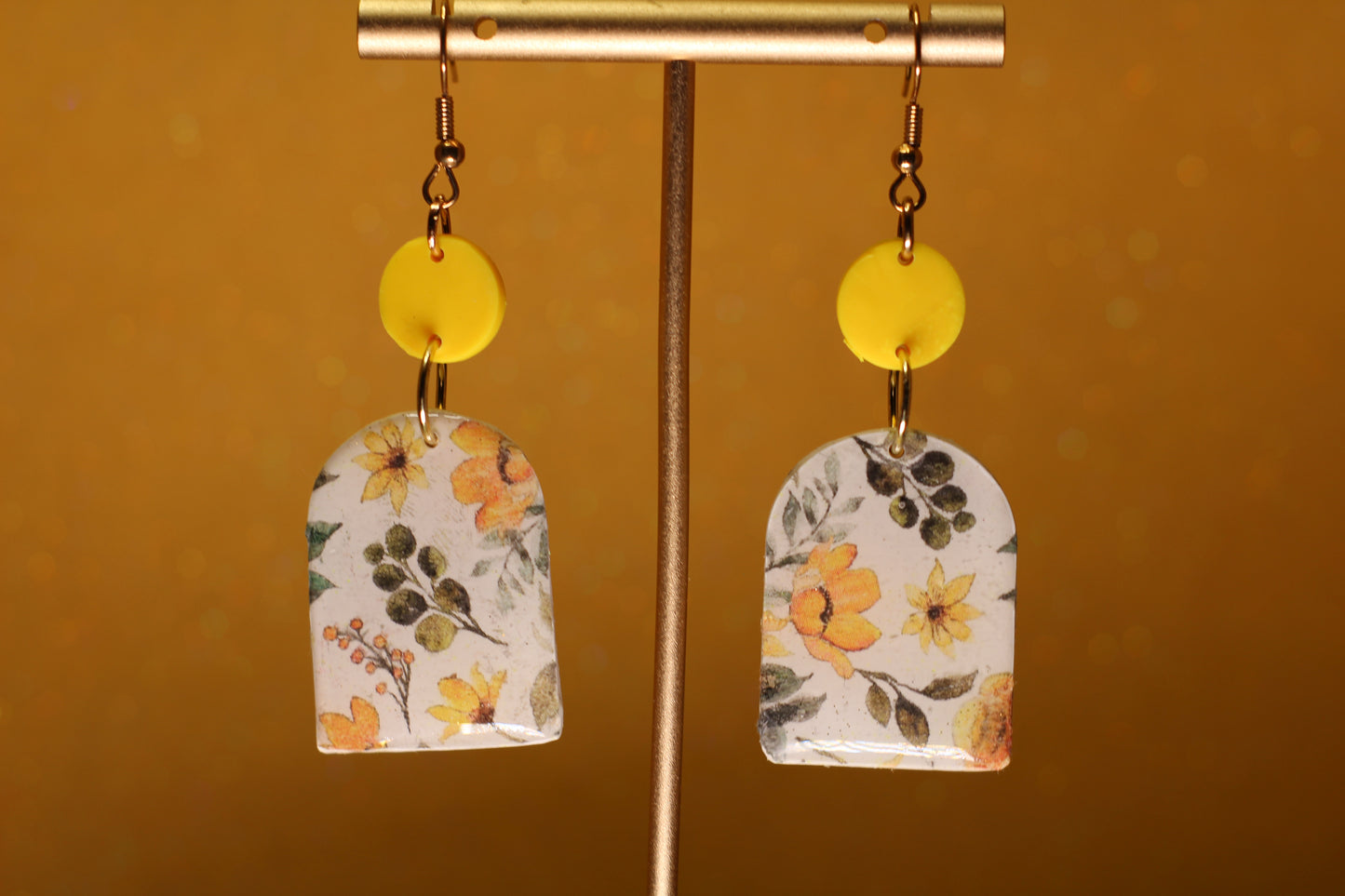 Yellow Floral Print Dangle Earrings