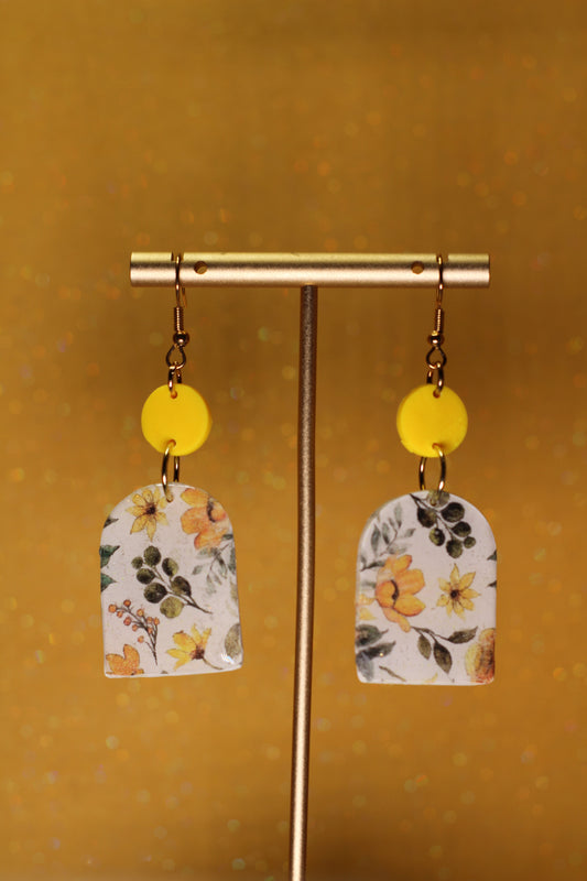 Yellow Floral Print Dangle Earrings