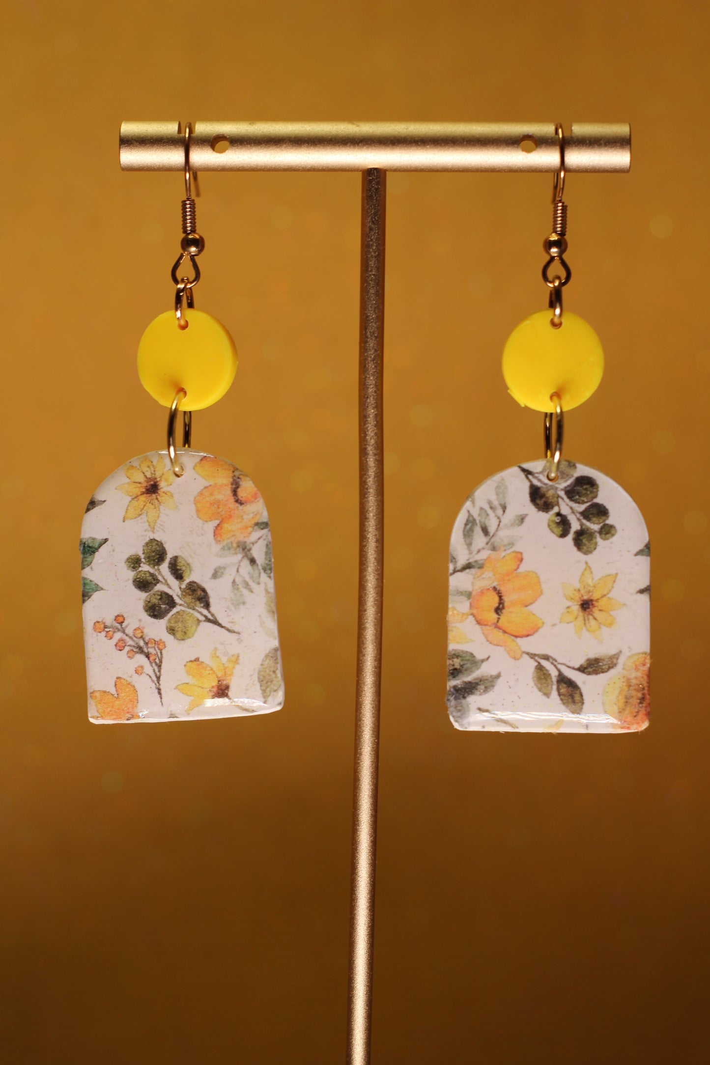 Yellow Floral Print Dangle Earrings