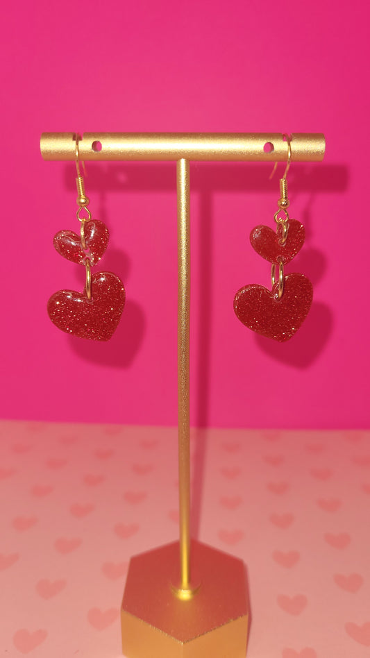 Maroon & Gold Glittering 2-Tier Heart Dangles