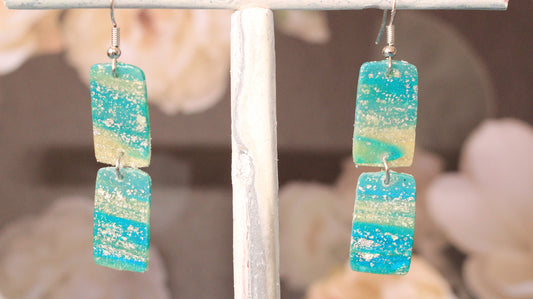 Turquoise Blue & Transparent White Polymer Clay Drop Earrings w/Silver Foil Accent - Variant 2