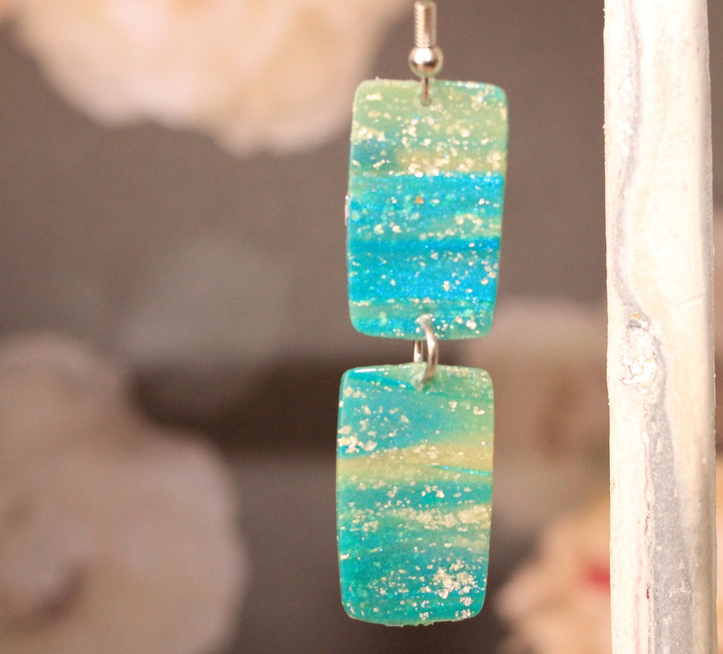 Turquoise Blue & Transparent White Polymer Clay Drop Earrings w/Silver Foil Accent - Variant 1