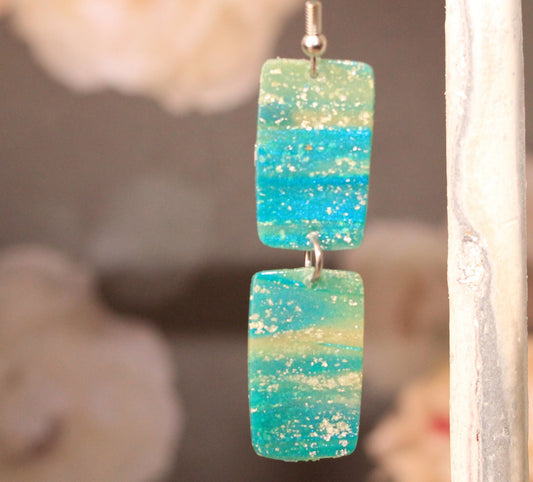Turquoise Blue & Transparent White Polymer Clay Drop Earrings w/Silver Foil Accent - Variant 1