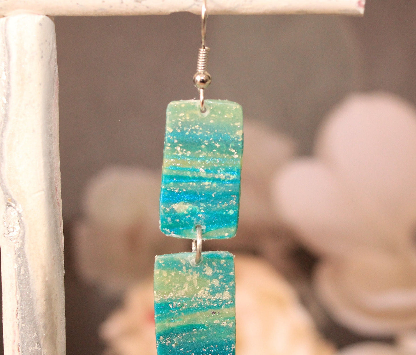 Turquoise Blue & Transparent White Polymer Clay Drop Earrings w/Silver Foil Accent - Variant 1