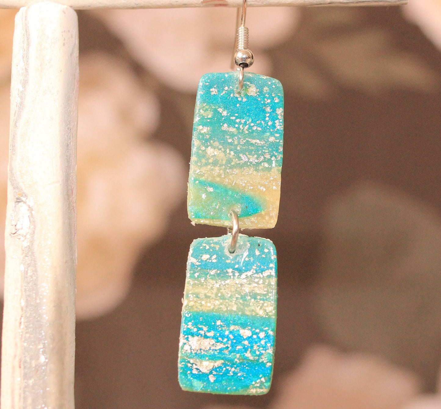 Turquoise Blue & Transparent White Polymer Clay Drop Earrings w/Silver Foil Accent - Variant 2