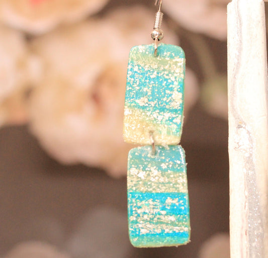 Turquoise Blue & Transparent White Polymer Clay Drop Earrings w/Silver Foil Accent - Variant 2