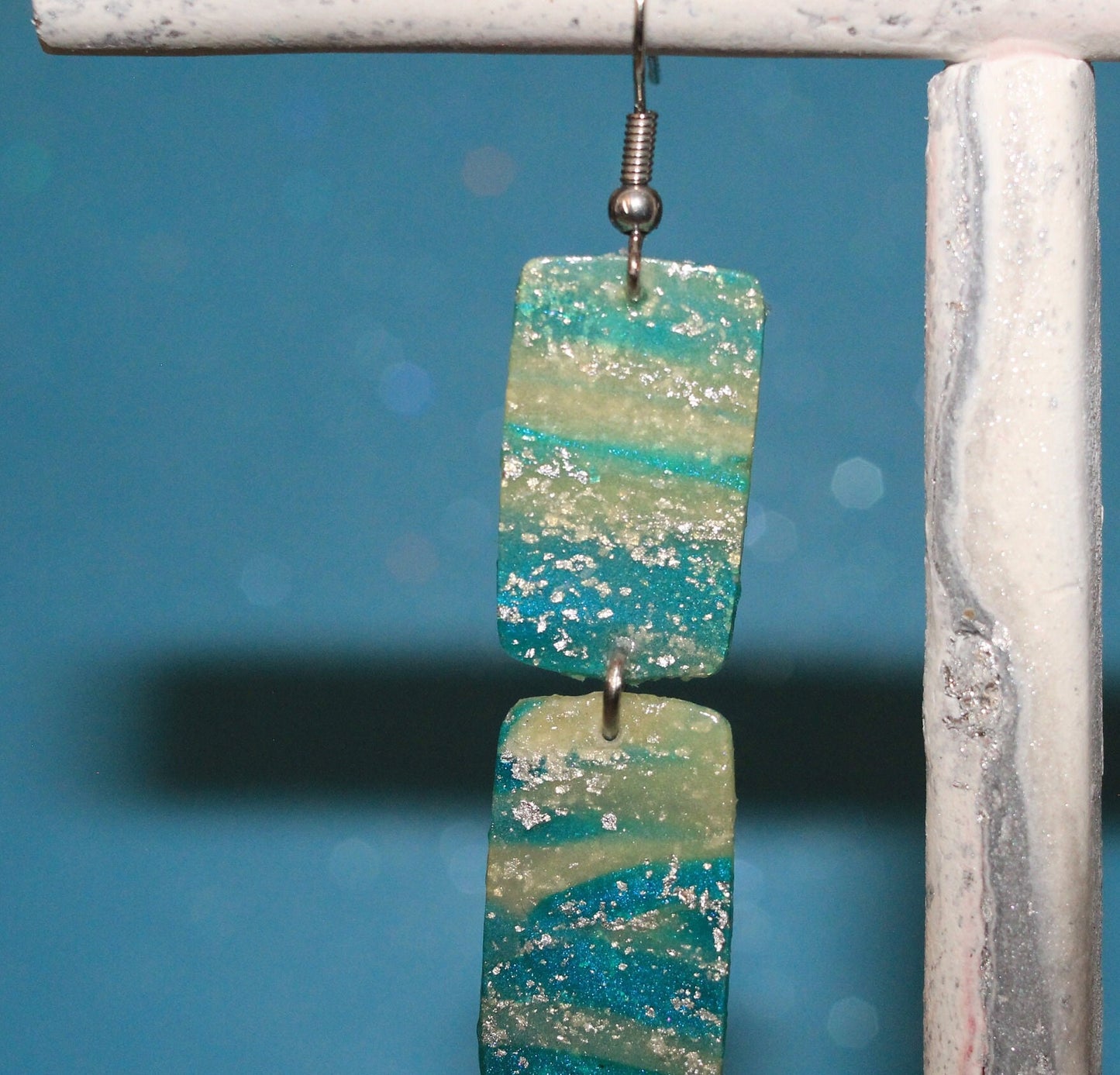 Transparent White & Turquoise Blue Polymer Clay Drop Earrings w/Silver Foil Accent