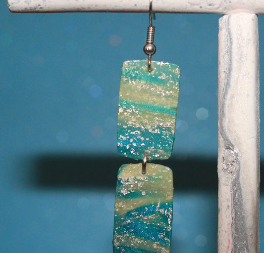 Transparent White & Turquoise Blue Polymer Clay Drop Earrings w/Silver Foil Accent