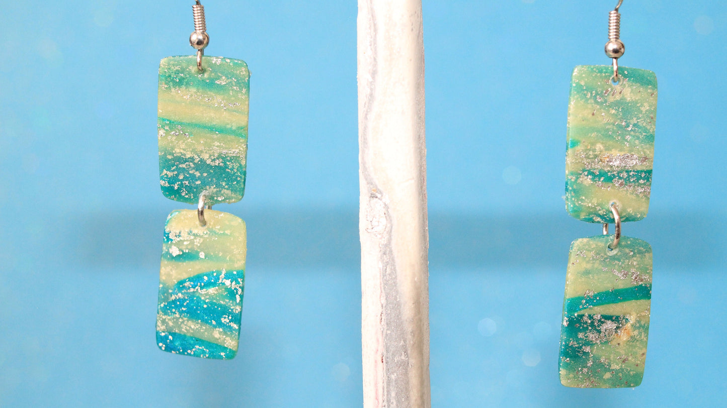 Transparent White & Turquoise Blue Polymer Clay Drop Earrings w/Silver Foil Accent