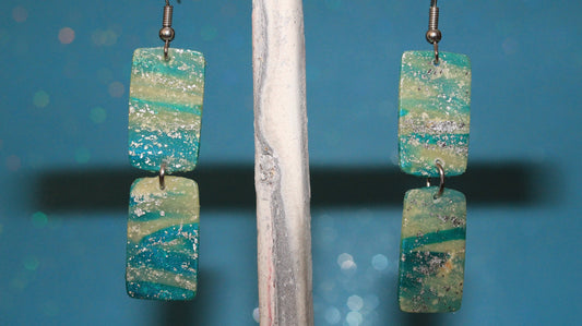 Transparent White & Turquoise Blue Polymer Clay Drop Earrings w/Silver Foil Accent