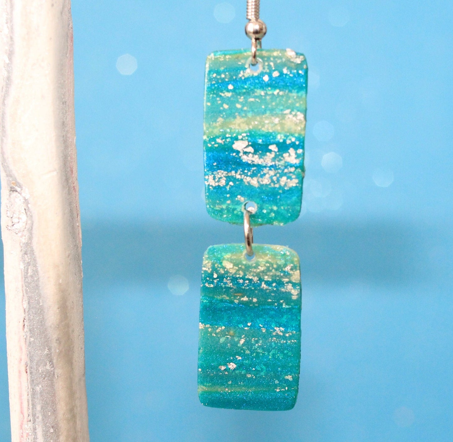 Turquoise Blue & Transparent White Polymer Clay Drop Earrings w/Silver Foil Accent - Variant 3
