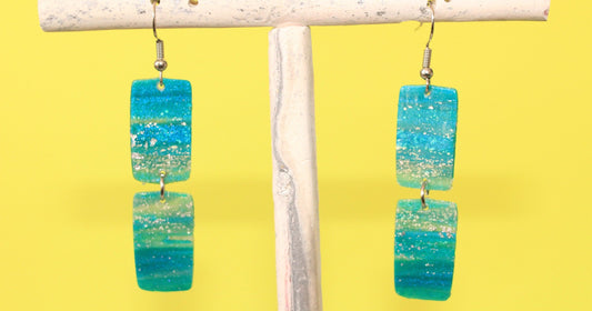 Turquoise Blue & Transparent White Polymer Clay Drop Earrings w/Silver Foil Accent - Variant 5