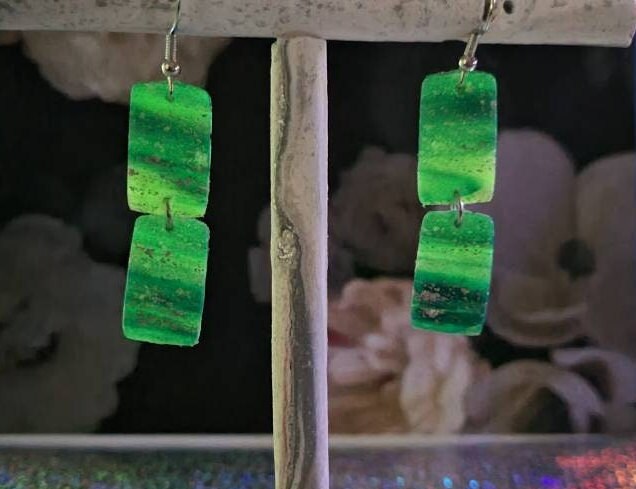 Turquoise Blue & Transparent White Polymer Clay Drop Earrings w/Silver Foil Accent - Variant 2