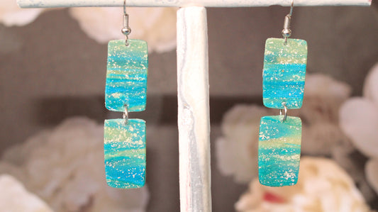 Turquoise Blue & Transparent White Polymer Clay Drop Earrings w/Silver Foil Accent - Variant 1