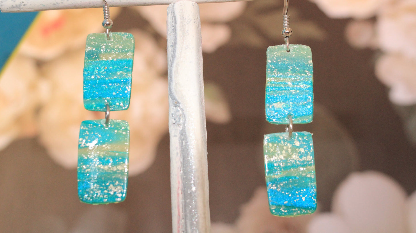 Turquoise Blue & Transparent White Polymer Clay Drop Earrings w/Silver Foil Accent - Variant 1