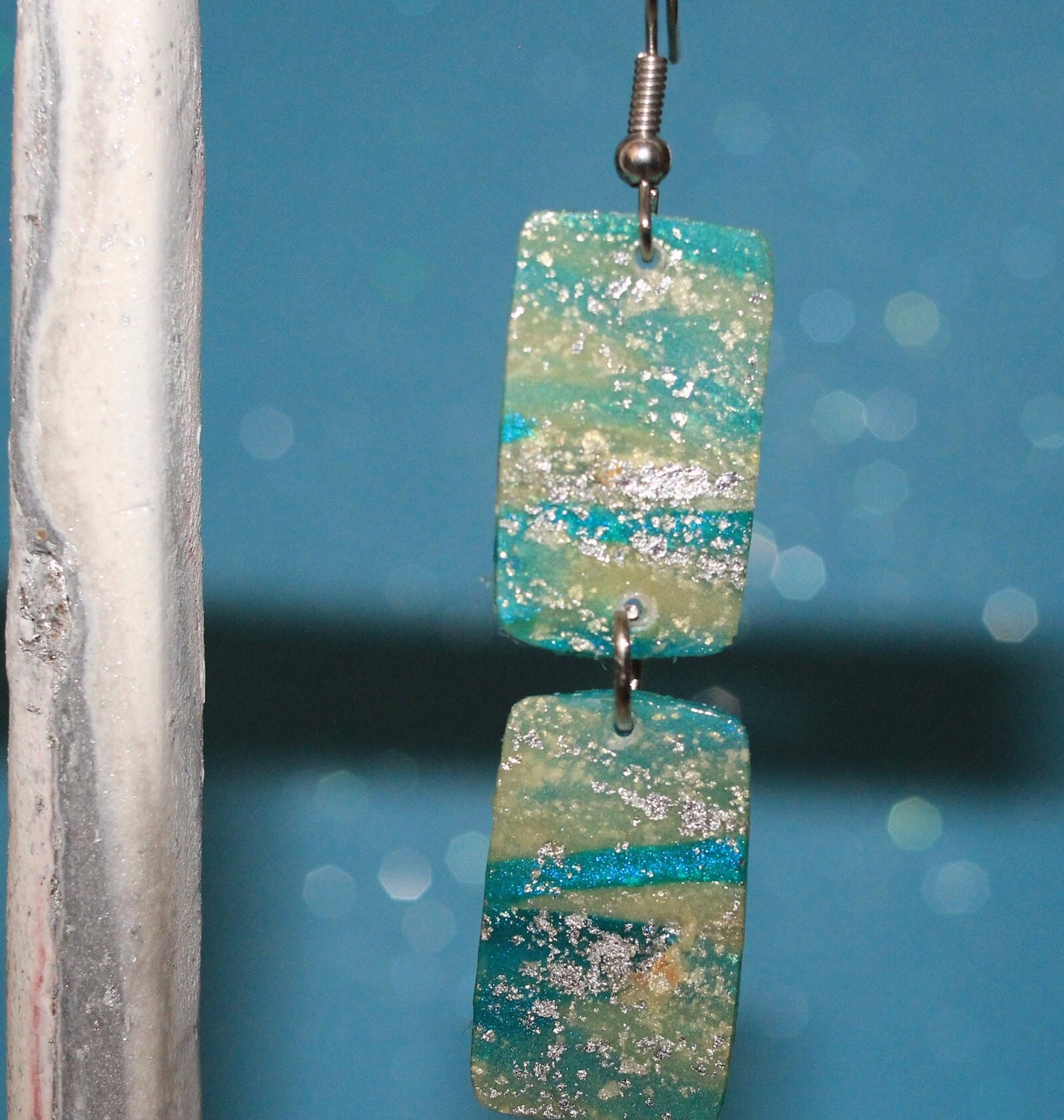 Transparent White & Turquoise Blue Polymer Clay Drop Earrings w/Silver Foil Accent