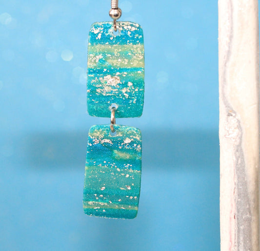 Turquoise Blue & Transparent White Polymer Clay Drop Earrings w/Silver Foil Accent - Variant 3