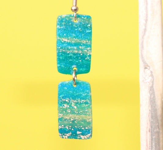 Turquoise Blue & Transparent White Polymer Clay Drop Earrings w/Silver Foil Accent - Variant 4