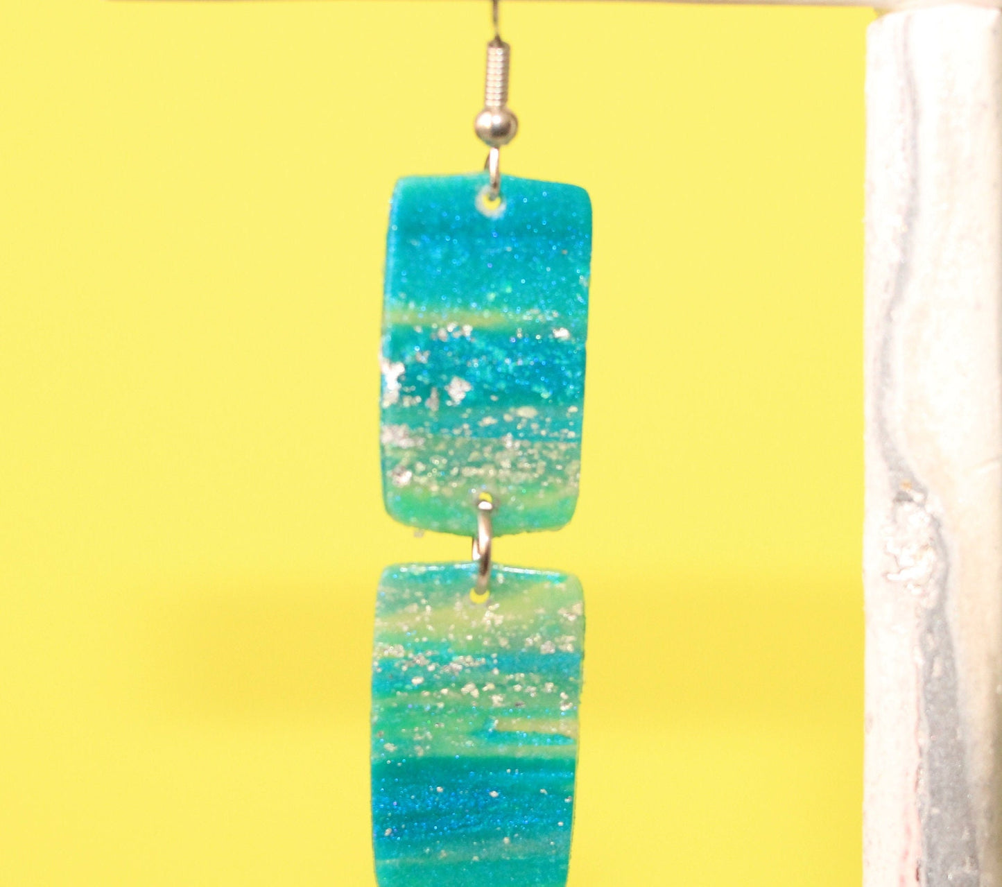 Turquoise Blue & Transparent White Polymer Clay Drop Earrings w/Silver Foil Accent - Variant 5
